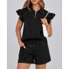 imageBTFBM Womens 2 Piece Outfits Sweatsuit Zipper V Neck Casual Ruffle Short Sleeve Tops and Drawstring Shorts Lounge SetsBlack