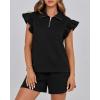 imageBTFBM Womens 2 Piece Outfits Sweatsuit Zipper V Neck Casual Ruffle Short Sleeve Tops and Drawstring Shorts Lounge SetsBlack
