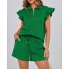 imageBTFBM Womens 2 Piece Outfits Sweatsuit Zipper V Neck Casual Ruffle Short Sleeve Tops and Drawstring Shorts Lounge SetsGreen