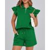 imageBTFBM Womens 2 Piece Outfits Sweatsuit Zipper V Neck Casual Ruffle Short Sleeve Tops and Drawstring Shorts Lounge SetsGreen