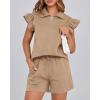 imageBTFBM Womens 2 Piece Outfits Sweatsuit Zipper V Neck Casual Ruffle Short Sleeve Tops and Drawstring Shorts Lounge SetsLight Khaki