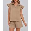 imageBTFBM Womens 2 Piece Outfits Sweatsuit Zipper V Neck Casual Ruffle Short Sleeve Tops and Drawstring Shorts Lounge SetsLight Khaki