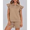 imageBTFBM Womens 2 Piece Outfits Sweatsuit Zipper V Neck Casual Ruffle Short Sleeve Tops and Drawstring Shorts Lounge SetsLight Khaki