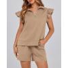 imageBTFBM Womens 2 Piece Outfits Sweatsuit Zipper V Neck Casual Ruffle Short Sleeve Tops and Drawstring Shorts Lounge SetsLight Khaki