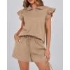 imageBTFBM Womens 2 Piece Outfits Sweatsuit Zipper V Neck Casual Ruffle Short Sleeve Tops and Drawstring Shorts Lounge SetsLight Khaki