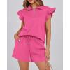 imageBTFBM Womens 2 Piece Outfits Sweatsuit Zipper V Neck Casual Ruffle Short Sleeve Tops and Drawstring Shorts Lounge SetsRose Red
