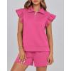 imageBTFBM Womens 2 Piece Outfits Sweatsuit Zipper V Neck Casual Ruffle Short Sleeve Tops and Drawstring Shorts Lounge SetsRose Red