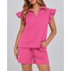 imageBTFBM Womens 2 Piece Outfits Sweatsuit Zipper V Neck Casual Ruffle Short Sleeve Tops and Drawstring Shorts Lounge SetsRose Red