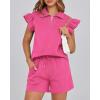 imageBTFBM Womens 2 Piece Outfits Sweatsuit Zipper V Neck Casual Ruffle Short Sleeve Tops and Drawstring Shorts Lounge SetsRose Red