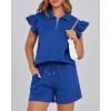 imageBTFBM Womens 2 Piece Outfits Sweatsuit Zipper V Neck Casual Ruffle Short Sleeve Tops and Drawstring Shorts Lounge SetsRoyal Blue