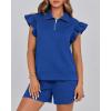 imageBTFBM Womens 2 Piece Outfits Sweatsuit Zipper V Neck Casual Ruffle Short Sleeve Tops and Drawstring Shorts Lounge SetsRoyal Blue