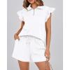 imageBTFBM Womens 2 Piece Outfits Sweatsuit Zipper V Neck Casual Ruffle Short Sleeve Tops and Drawstring Shorts Lounge SetsWhite