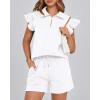 imageBTFBM Womens 2 Piece Outfits Sweatsuit Zipper V Neck Casual Ruffle Short Sleeve Tops and Drawstring Shorts Lounge SetsWhite