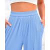 imageBTFBM Womens Casual Wide Leg Pants Summer Fall Clothes Pleated Elastic Waist Loose Palazzo Knit Trousers with PocketsSolid Light Blue
