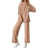 imageBTFBM Women 2 Piece Outfits Casual Loose Slit Short Sleeve Top Wide Leg Pants Matching Lounge Sets Tracksuit With PocketKhaki