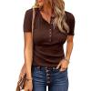 imageBTFBM Women 2025 Summer Henley Tunic Top V Neck Short Sleeve Button UP Solid Slim Fit Casual Ribbed Knit Shirt BlousesZbrown