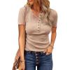 imageBTFBM Women 2025 Summer Henley Tunic Top V Neck Short Sleeve Button UP Solid Slim Fit Casual Ribbed Knit Shirt BlousesZdark Apricot