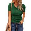 imageBTFBM Women 2025 Summer Henley Tunic Top V Neck Short Sleeve Button UP Solid Slim Fit Casual Ribbed Knit Shirt BlousesZdark Green