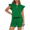 imageBTFBM Womens 2 Piece Outfits Sweatsuit Zipper V Neck Casual Ruffle Short Sleeve Tops and Drawstring Shorts Lounge SetsGreen