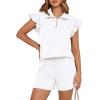 imageBTFBM Womens 2 Piece Outfits Sweatsuit Zipper V Neck Casual Ruffle Short Sleeve Tops and Drawstring Shorts Lounge SetsWhite