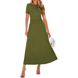 imageBTFBM 2025 Womens Summer 2 Piece Outfits Spring Crewneck Short Sleeve Ruched Bodycon Tops Flowy Knit Maxi Skirt SetsArmy Green