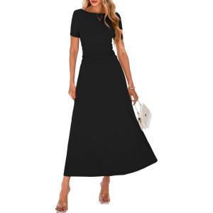 imageBTFBM 2025 Womens Summer 2 Piece Outfits Spring Crewneck Short Sleeve Ruched Bodycon Tops Flowy Knit Maxi Skirt SetsBlack
