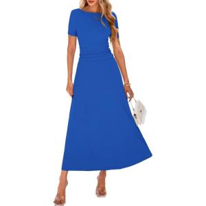 imageBTFBM 2025 Womens Summer 2 Piece Outfits Spring Crewneck Short Sleeve Ruched Bodycon Tops Flowy Knit Maxi Skirt SetsBlue
