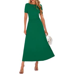 imageBTFBM 2025 Womens Summer 2 Piece Outfits Spring Crewneck Short Sleeve Ruched Bodycon Tops Flowy Knit Maxi Skirt SetsGreen