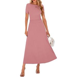 imageBTFBM 2025 Womens Summer 2 Piece Outfits Spring Crewneck Short Sleeve Ruched Bodycon Tops Flowy Knit Maxi Skirt SetsPink