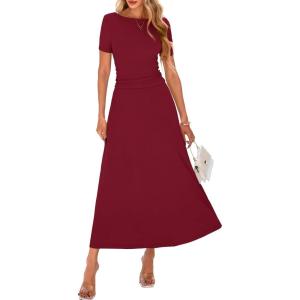 imageBTFBM 2025 Womens Summer 2 Piece Outfits Spring Crewneck Short Sleeve Ruched Bodycon Tops Flowy Knit Maxi Skirt SetsWine Red