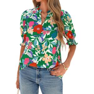 imageBTFBM Summer Blouses for Women Dressy Casual 2025 Spring Floral Boho Shirts V Neck Puff Short Sleeve Business Work TopsFloral Green Multi