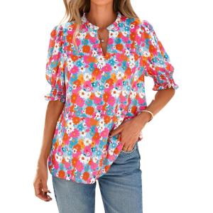 imageBTFBM Summer Blouses for Women Dressy Casual 2025 Spring Floral Boho Shirts V Neck Puff Short Sleeve Business Work TopsFloral Light Blue Multi