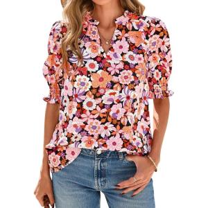 imageBTFBM Summer Blouses for Women Dressy Casual 2025 Spring Floral Boho Shirts V Neck Puff Short Sleeve Business Work TopsFloral Orange Pink