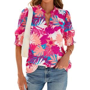 imageBTFBM Summer Blouses for Women Dressy Casual 2025 Spring Floral Boho Shirts V Neck Puff Short Sleeve Business Work TopsFloral Pink