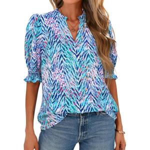 imageBTFBM Summer Blouses for Women Dressy Casual 2025 Spring Floral Boho Shirts V Neck Puff Short Sleeve Business Work TopsFloral Pink Blue