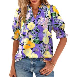 imageBTFBM Summer Blouses for Women Dressy Casual 2025 Spring Floral Boho Shirts V Neck Puff Short Sleeve Business Work TopsFloral Purple Yellow