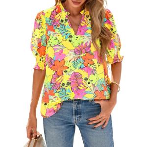 imageBTFBM Summer Blouses for Women Dressy Casual 2025 Spring Floral Boho Shirts V Neck Puff Short Sleeve Business Work TopsFloral Yellow Pink