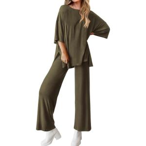 imageBTFBM Women 2 Piece Outfits Casual Loose Slit Short Sleeve Top Wide Leg Pants Matching Lounge Sets Tracksuit With PocketArmy Green