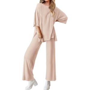 imageBTFBM Women 2 Piece Outfits Casual Loose Slit Short Sleeve Top Wide Leg Pants Matching Lounge Sets Tracksuit With PocketBeige