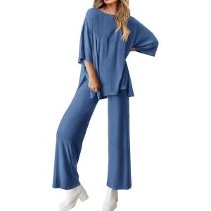 imageBTFBM Women 2 Piece Outfits Casual Loose Slit Short Sleeve Top Wide Leg Pants Matching Lounge Sets Tracksuit With PocketBlue