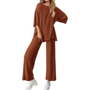 imageBTFBM Women 2 Piece Outfits Casual Loose Slit Short Sleeve Top Wide Leg Pants Matching Lounge Sets Tracksuit With PocketBrown