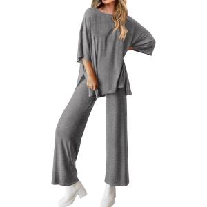 imageBTFBM Women 2 Piece Outfits Casual Loose Slit Short Sleeve Top Wide Leg Pants Matching Lounge Sets Tracksuit With PocketDark Grey
