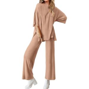 imageBTFBM Women 2 Piece Outfits Casual Loose Slit Short Sleeve Top Wide Leg Pants Matching Lounge Sets Tracksuit With PocketKhaki