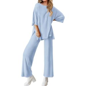 imageBTFBM Women 2 Piece Outfits Casual Loose Slit Short Sleeve Top Wide Leg Pants Matching Lounge Sets Tracksuit With PocketLight Blue