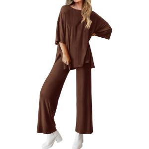 imageBTFBM Women 2 Piece Outfits Casual Loose Slit Short Sleeve Top Wide Leg Pants Matching Lounge Sets Tracksuit With PocketLight Coffee