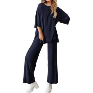 imageBTFBM Women 2 Piece Outfits Casual Loose Slit Short Sleeve Top Wide Leg Pants Matching Lounge Sets Tracksuit With PocketNavy