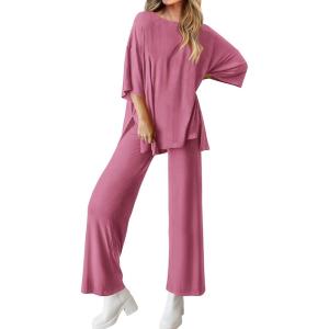 imageBTFBM Women 2 Piece Outfits Casual Loose Slit Short Sleeve Top Wide Leg Pants Matching Lounge Sets Tracksuit With PocketPink