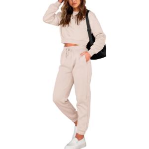 imageBTFBM Women 2 Piece Outfits Long Sleeve Crop Top Pullover Drawstring Pant Jogger Set Casual Sweatsuits Tracksuit PocketsBeige