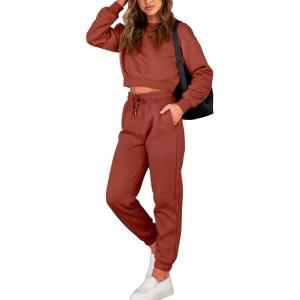 imageBTFBM Women 2 Piece Outfits Long Sleeve Crop Top Pullover Drawstring Pant Jogger Set Casual Sweatsuits Tracksuit PocketsBrick Red