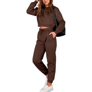 imageBTFBM Women 2 Piece Outfits Long Sleeve Crop Top Pullover Drawstring Pant Jogger Set Casual Sweatsuits Tracksuit PocketsCoffee